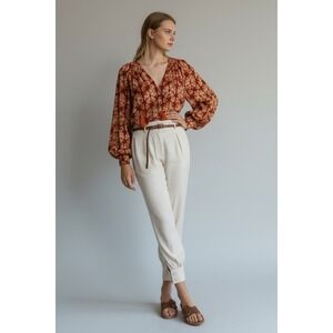 Anthropologie Linen Blend High Waisted Tapered Leg Pants Cream Size 4‎